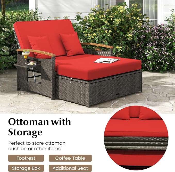LDAILY Moccha Outdoor Wicker Daybed, Patio Rattan Loveseat Sofa w/ 4-Level - Image 6