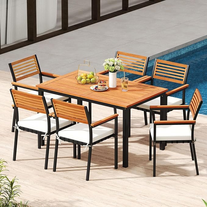 Tangkula 7 Piece Patio Dining Set, Outdoor Acacia Wood Cushioned Chairs and - Image 2
