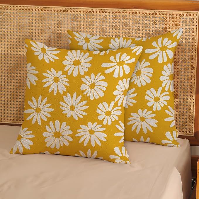 Mustard Yellow Pillow Covers 18x18 Inch 2 Pcs Daisy Floral Summer Outdoor Decor - Image 2