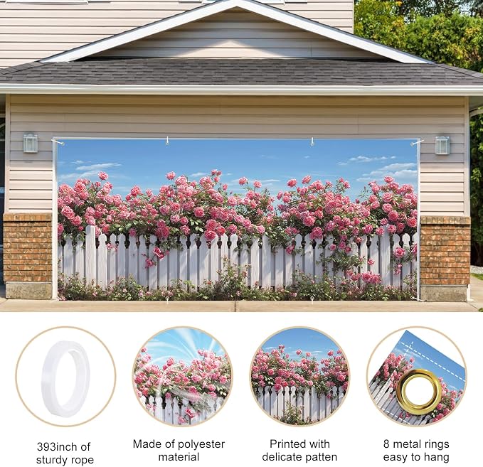 Rose Garden Garage Door Banner 6x13FT, Large Outdoor Floral Decoration - Image 4