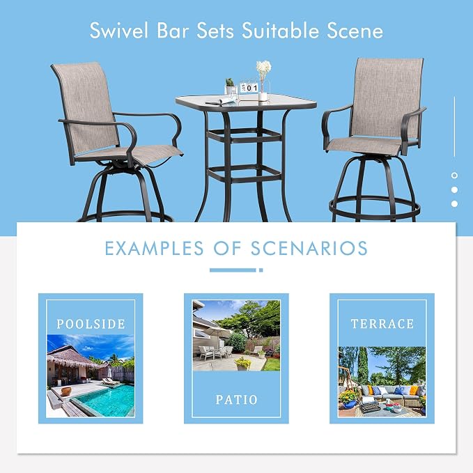 Shintenchi 3 Piece Patio Swivel Bar Stools Set, Outdoor Patio Bar Table and - Image 6
