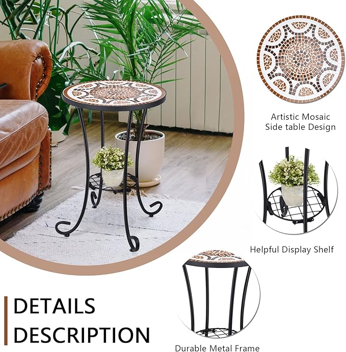 VCUTEKA Outdoor Side Table Mosaic Patio Table Accent Tables Mosaic Tile Top - Image 4