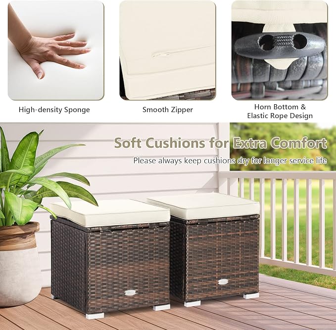 Tangkula 2 Pieces Patio Ottomans, Patiojoy Hand-Woven PE Rattan Side Table - Image 5