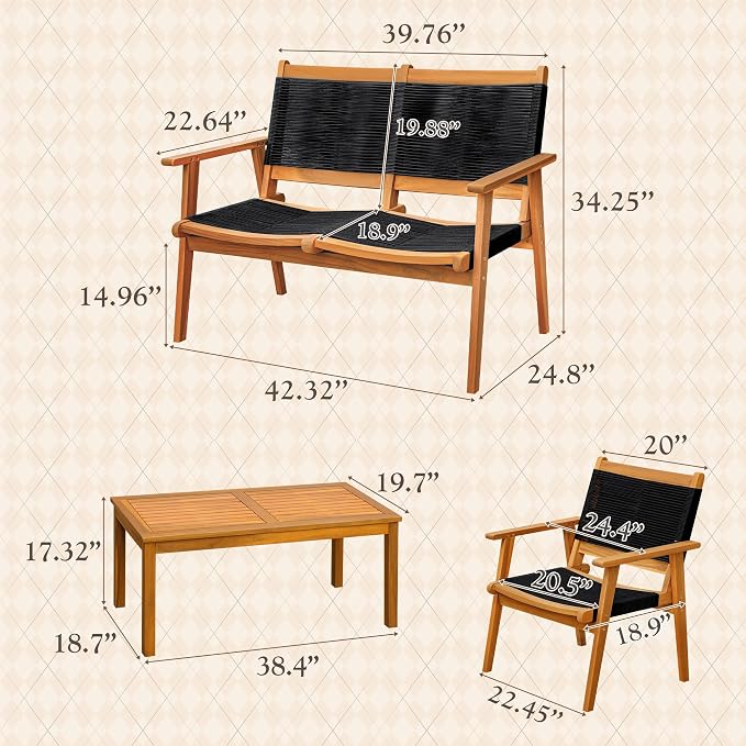 Devoko 4 Pieces Acacia Wood Patio Conversation Sets, Patio Furniture Set - Image 6