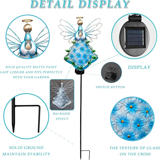 38Inch Angel Solar Lights Outdoor Decorative-Metal&Glass Angel Blue Hydrangea - Image 7