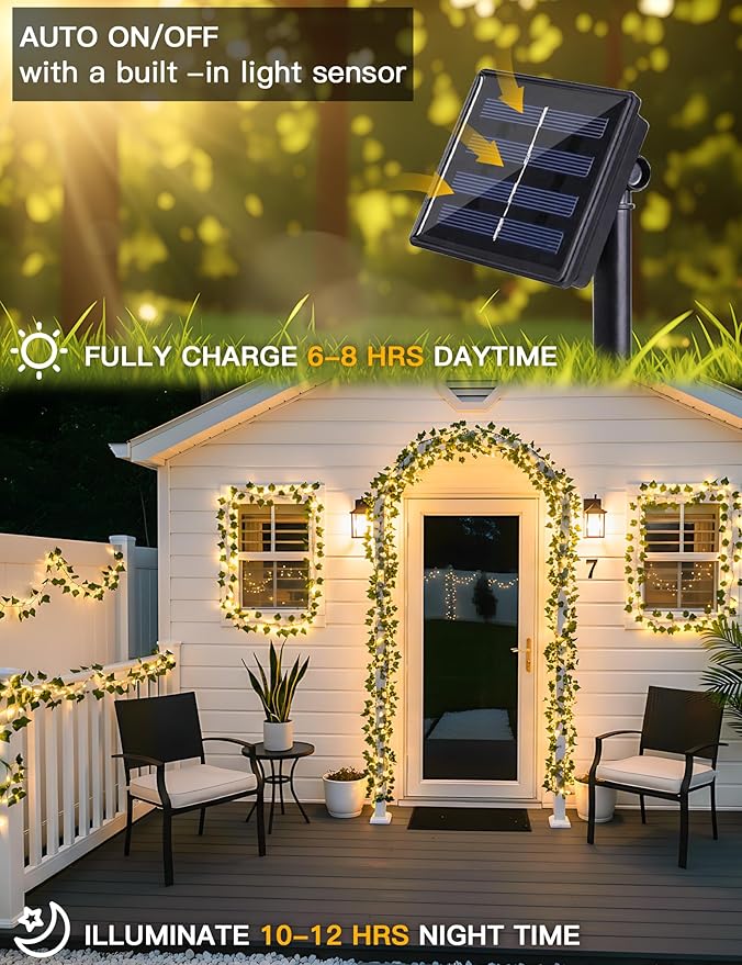suddus Solar Ivy String Lights Outdoor Waterproof, 33ft 100 LED Fake Vines - Image 5