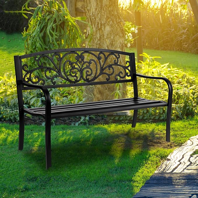 50in Outdoor Garden Park Bench, Outdoor Metal Porch Benches, Weatherproof Patio - Image 7
