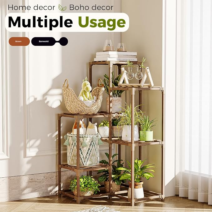 Bamworld Plant Stand Indoor Plant Shelf Outdoor Corner Wood Plant Table 7 Pots - Image 3
