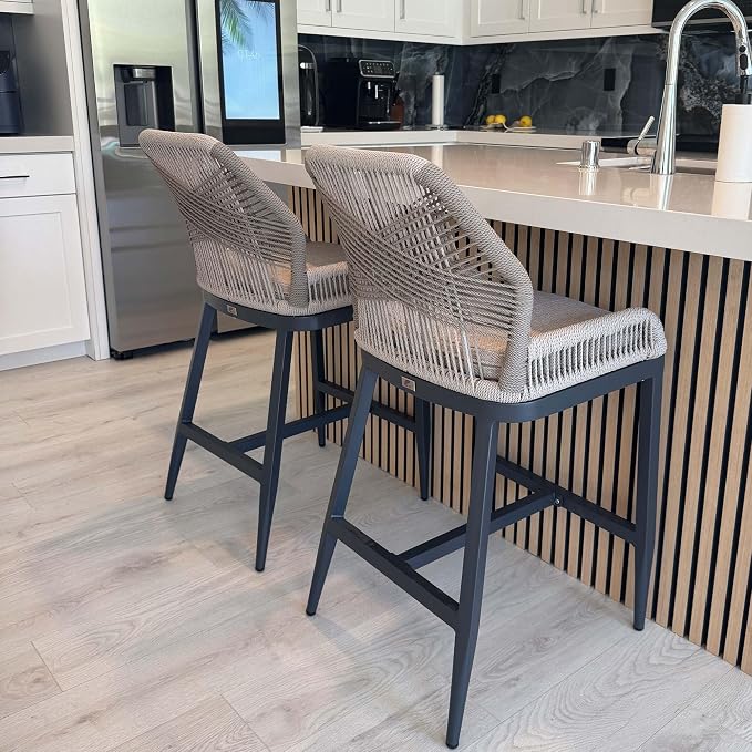 PURPLE LEAF Counter Height Bar Stools Set of 2 Rattan Wicker Outdoor Metal Boho by PURPLELEAF