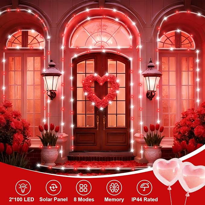 QITONG Red and White Solar Rope Lights, 2 Pack Each 33ft 100 LED Christmas - Image 2