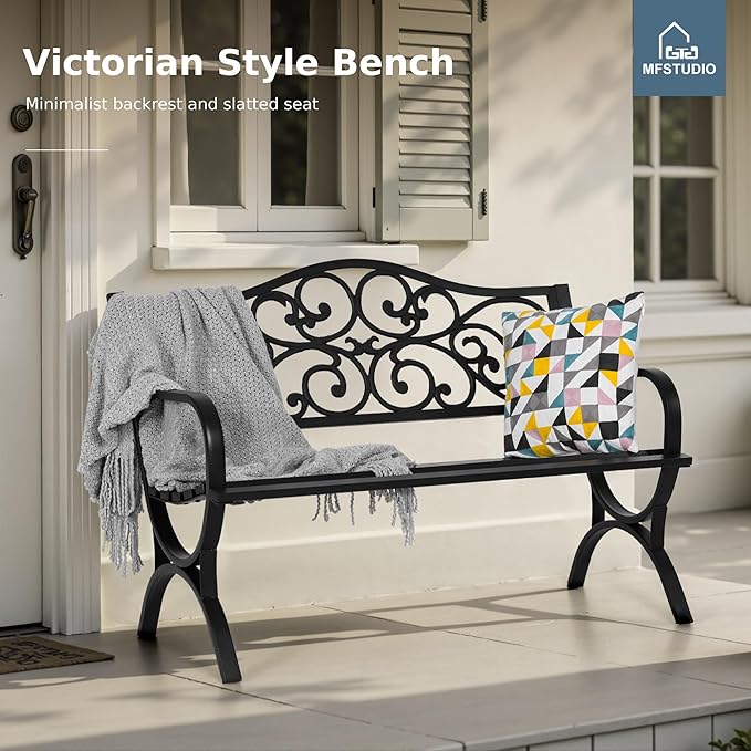 MFSTUDIO 50 Inches Outdoor Garden Bench, Cast Iron Metal Frame Patio Park Bench - Image 4