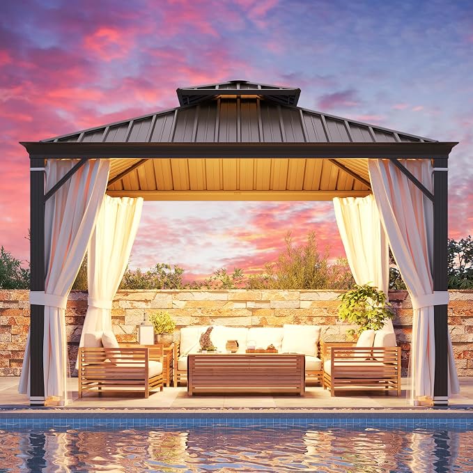 YOLENY 12' x 12' Gazebo, Galvanized Steel Double Roof Hardtop Gazebo by YOLENY