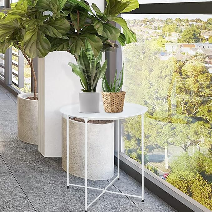 Garden 4 you End Table Metal Side Table White Round Folding Tray Cyan Sofa - Image 5
