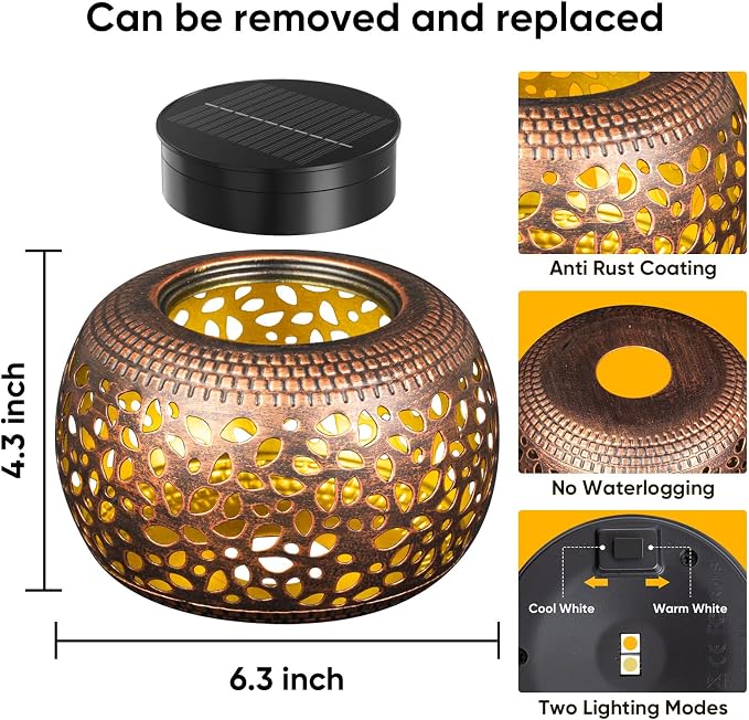 Solar Lanterns Outdoor Waterproof Decor: 2 Pack Red Copper Hollow Out Retro - Image 2