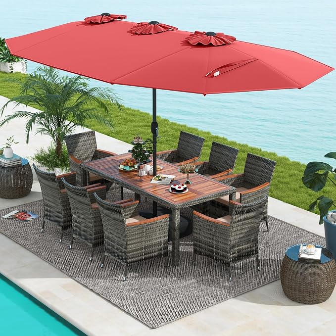 Tangkula 10 Pieces Patio Wicker Dining Set w/Double-Sided Patio Umbrella - Image 8