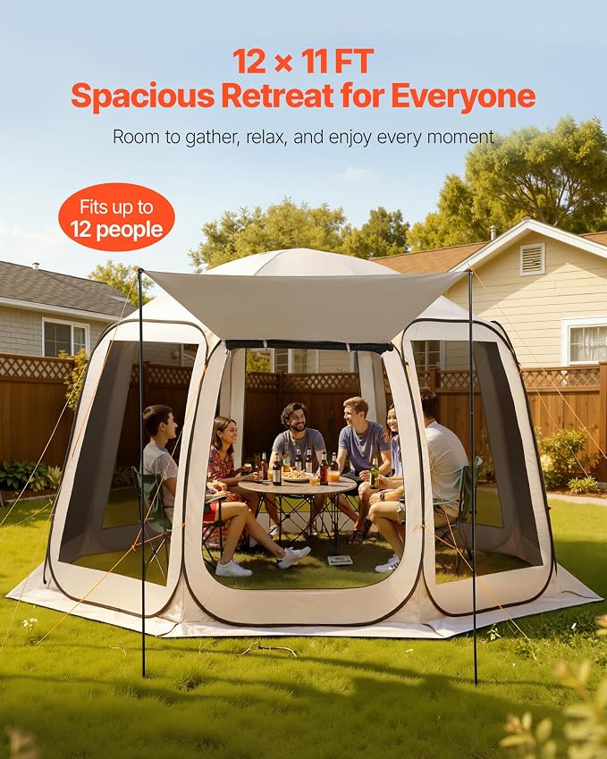 VEVOR Pop up Screen House Tent, 12 x 11 ft, 10-12 Person Screen Gazebo - Image 3