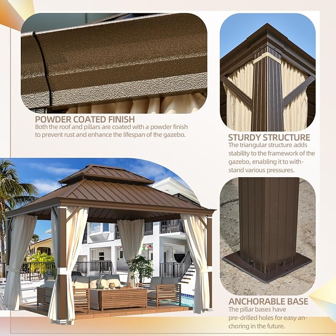 YOLENY 12' x 12' Gazebo, Galvanized Steel Double Roof Hardtop Gazebo - Image 5