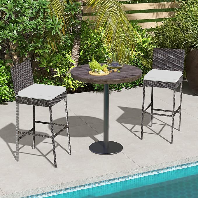 Tangkula Set of 2 Patio Wicker Barstools, Outdoor Bar Height Chair w/Soft Seat - Image 4