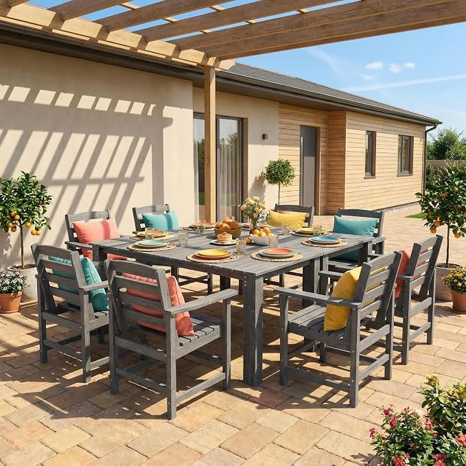 Outdoor HDPE Dining Table Set, 10-Piece Outdoor Dining Table Sets, Wood Grain - Image 2
