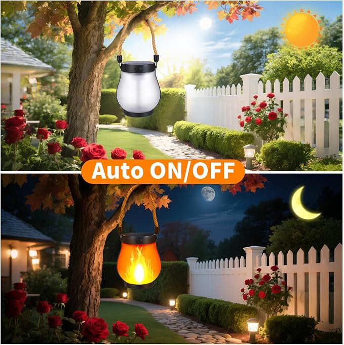 2 Pack Solar Flame Lantern Lights — Flickering Flame Hanging Lanterns Outdoor - Image 4