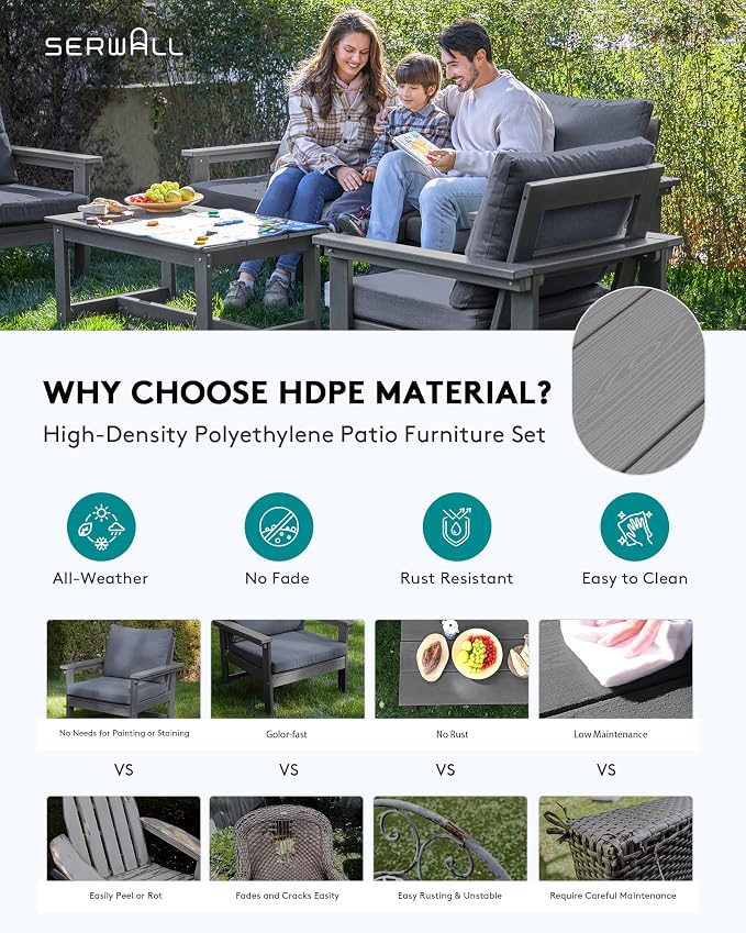 SERWALL HDPE Patio Conversation Set, 6-piece Sectional Outdoor Furniture Set - Image 3