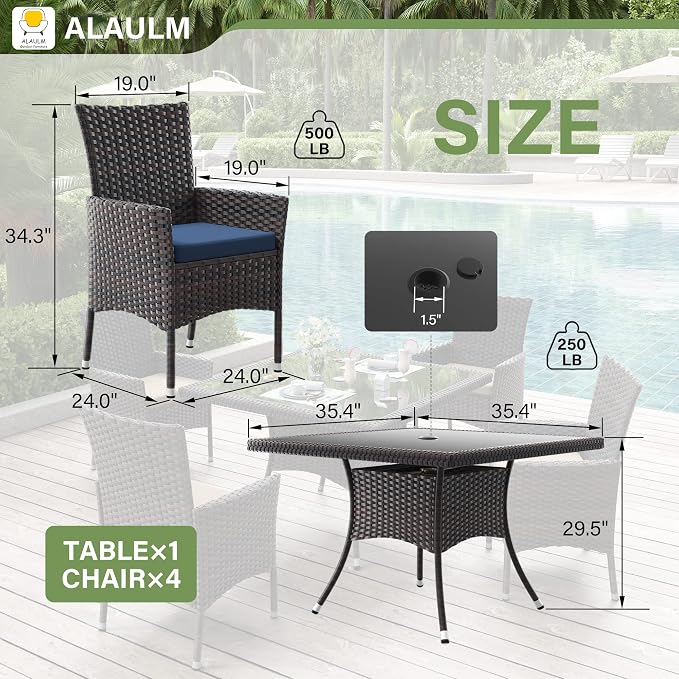 ALAULM 5 Piece Patio Dining Set All-Weather Wicker Outdoor Furniture Set - Image 2