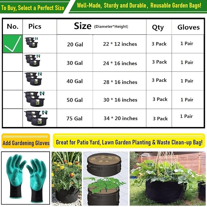 3-Pack 20 Gallon Thickened Plant Grow Bags Large Heavy Duty Fabric Plant Pots - Image 9