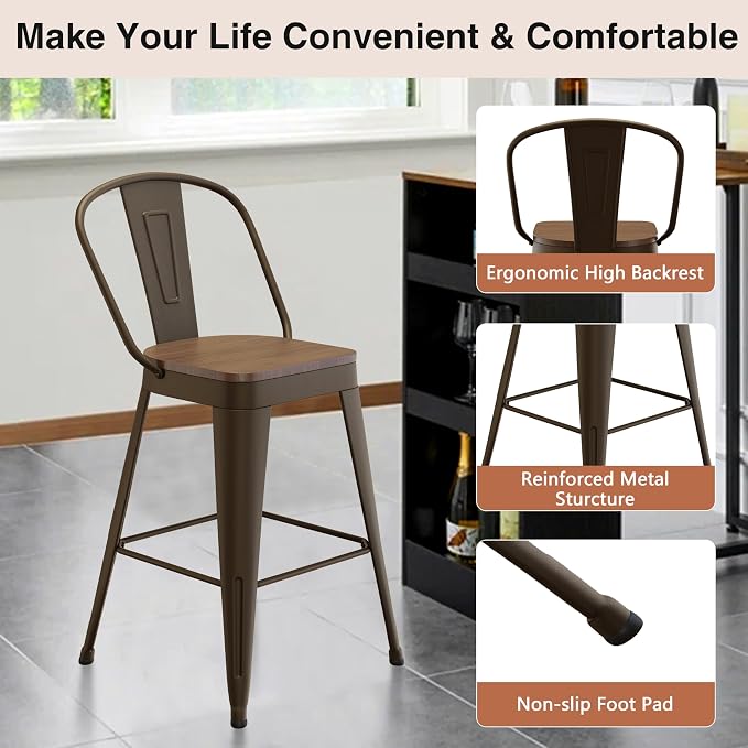 ALISH 24 Inch Industrial Bar Stools Set of 4, High Back Metal Barstools - Image 6