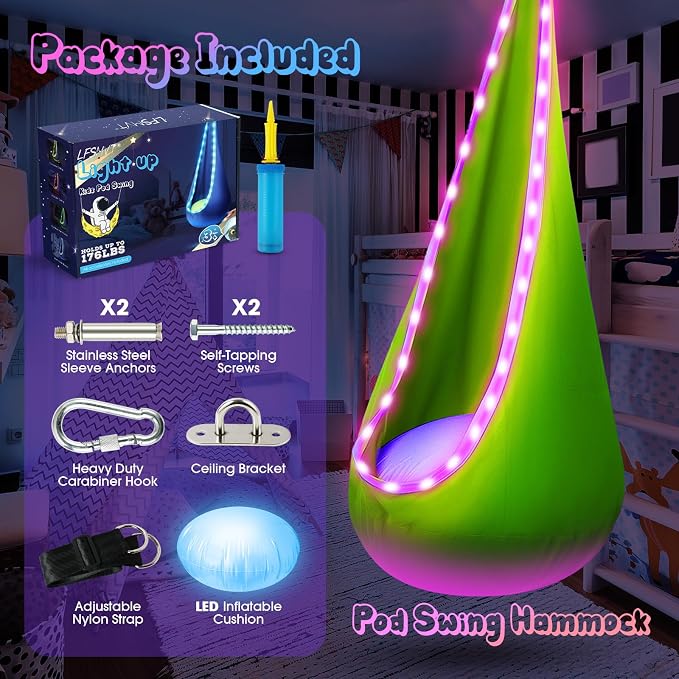 Light Up Kids Pod Swing Seat, Upgraded Kids Hanging Hammock Swing - Image 4