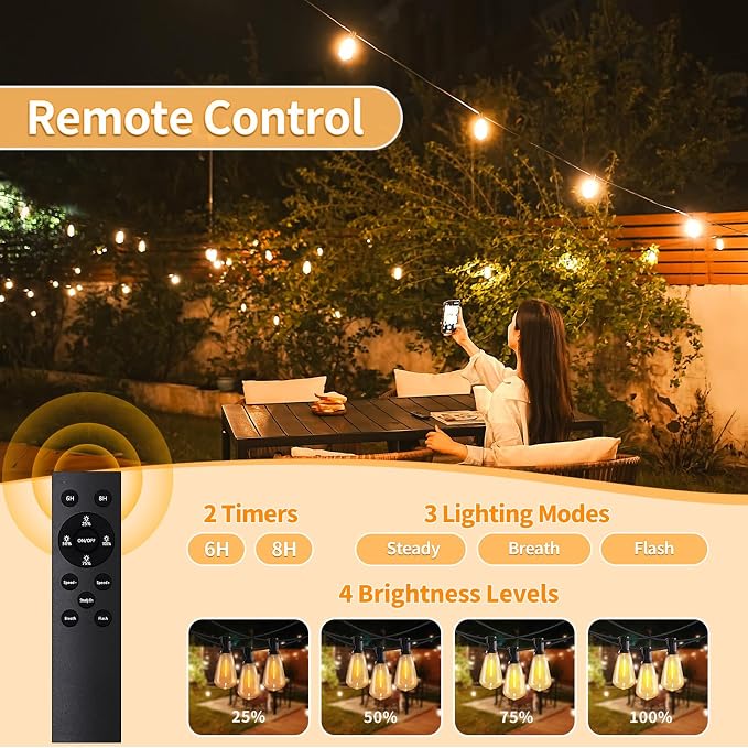 Outdoor String Lights with Remote, 50ft 25 Bulbs Low Voltage Patio Lights - Image 2