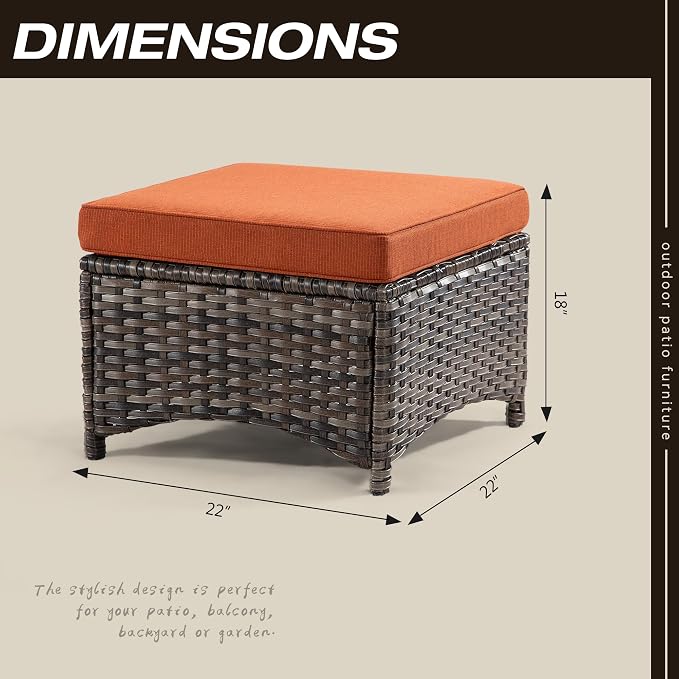 Outdoor Ottomans for Patio Set of 2 PE Wicker Steel Frame Outdoor Footstool - Image 2