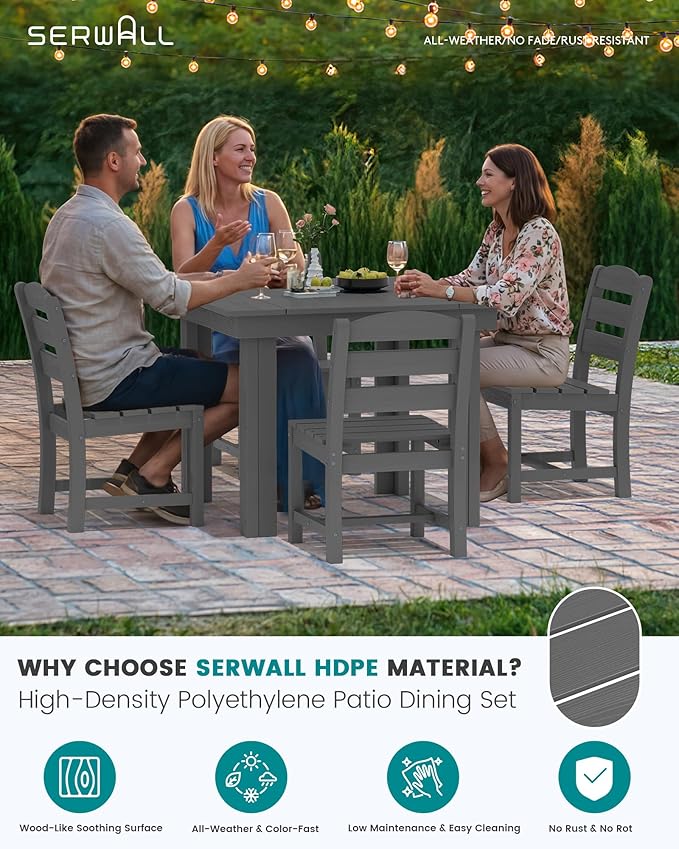 SERWALL Outdoor Dining Set for 4, HDPE Square Table and Chairs Set All Weather - Image 2