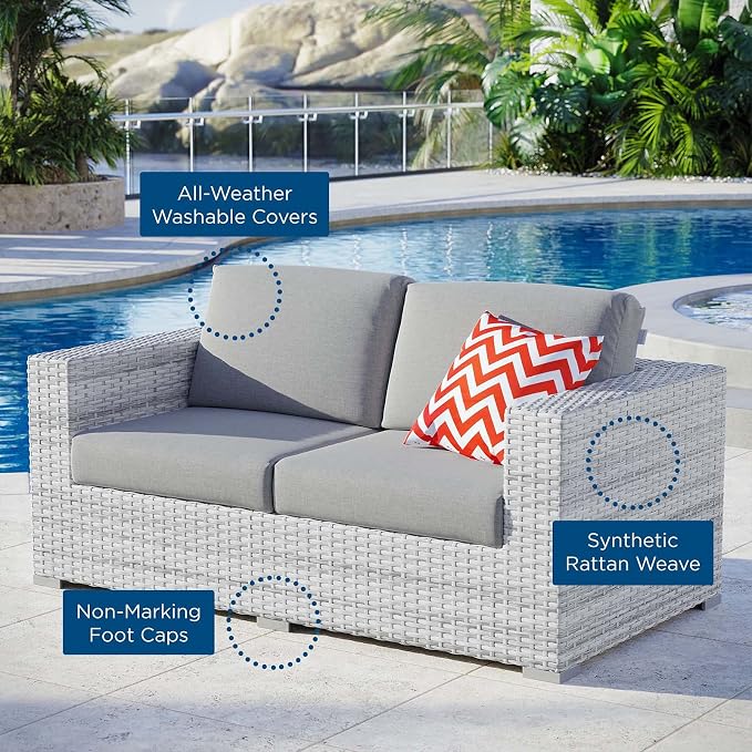 Modway Convene Wicker Rattan Outdoor Patio Loveseat in Light Gray Gray - Image 7