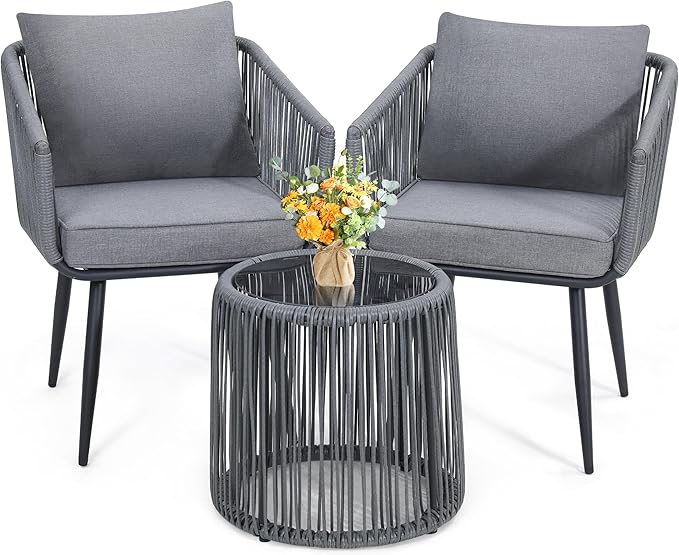 Kromax 3 Pieces Patio Rattan Bistro Conversation Set, Outdoor All-Weather by KROMAX