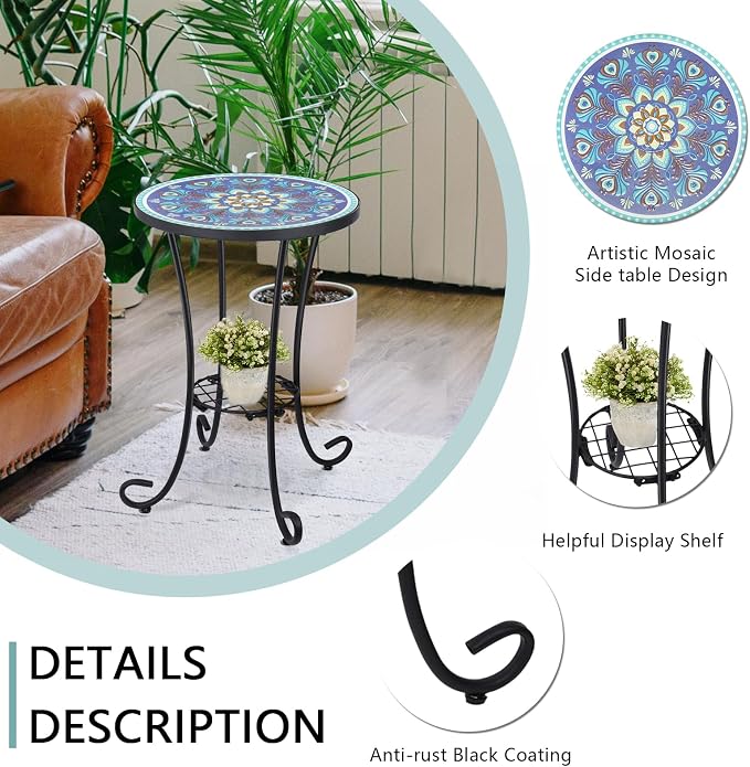 VCUTEKA Outdoor Side Table Mosaic Patio Table Accent Tables Mosaic Tile Top - Image 7