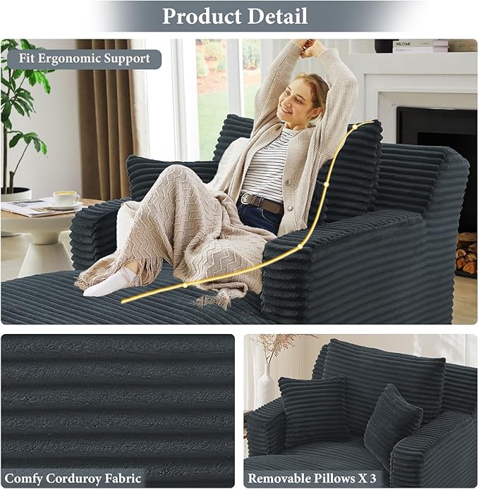 65.4" Chaise Lounge Chair Indoor, Oversized Boneless Couch Comfy Upholstered - Image 5