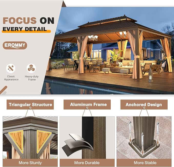 EROMMY 14'x24' Hardtop Gazebo Double Roof Galvanized Steel Outdoor Gazebos - Image 7