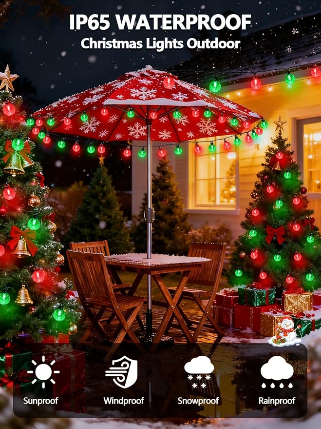 2-Pack 100 LED Red and Green Solar String Lights Outdoor - 64FT Crystal Globe - Image 4