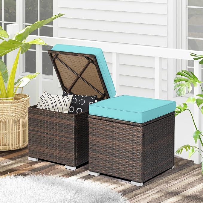 RELAX4LIFE Wicker Outdoor Storage Ottoman, 2-Piece Rattan Footstool w/Removable - Image 9