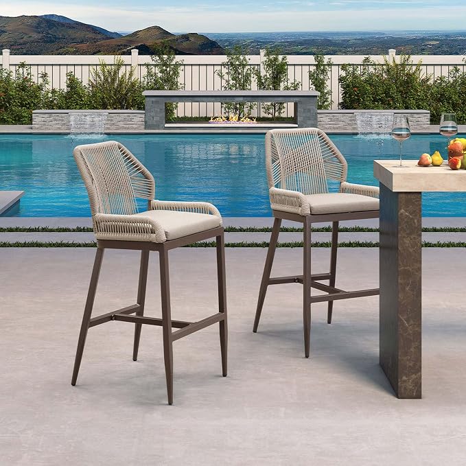 PURPLE LEAF Patio Sunbrella Bar Stools 28" H Set of 2 Handwoven Wicker Bar - Image 9