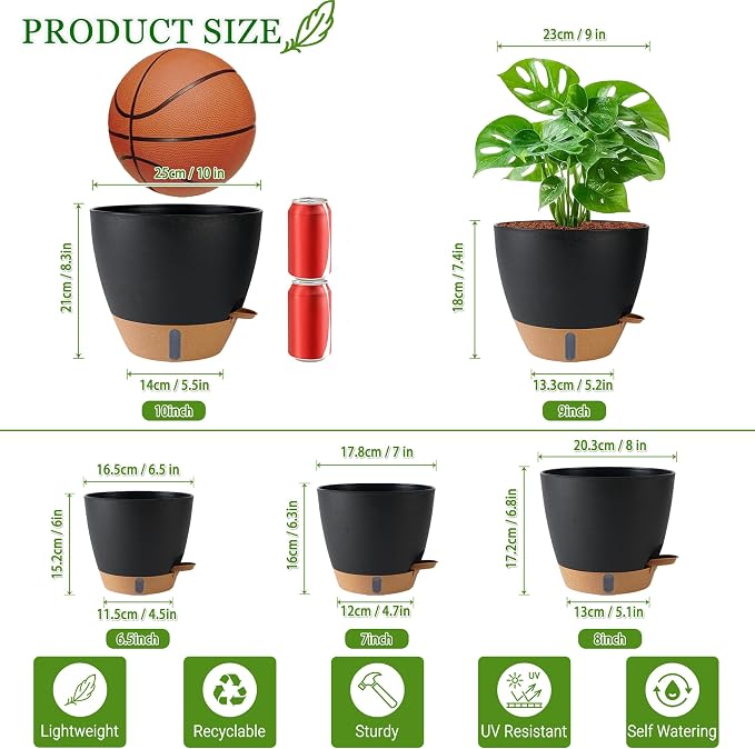 Self Watering Pots for Inoor Ourdoor Plants 10/9/8/7/6.5 Inch Plastic Planters - Image 3