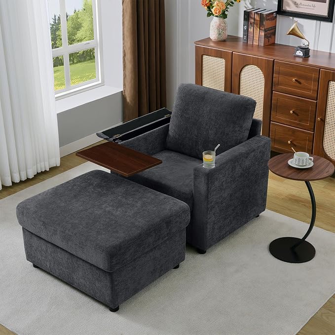 Modern Accent Chairs with Storage Ottoman, Chenille Reading Armchair with Tray - Image 6