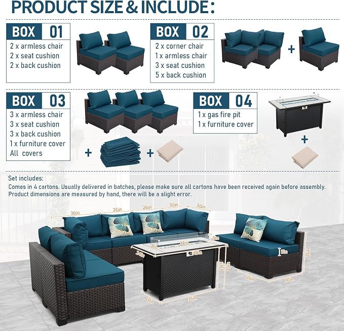 9 Pieces Wicker Patio Furniture Set Outdoor PE Rattan Sectional Conversation - Image 4