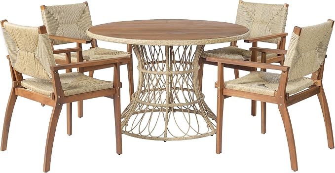 Merax 5-Piece Outdoor Dining Set, 47.24'' Round Acacia Wood Table & 4 Wicker - Image 3