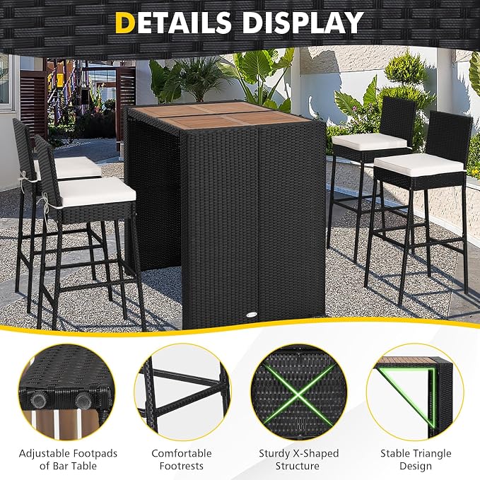 5 Piece Patio Wicker Bar Set, Rattan Bar Stools Set - Image 9