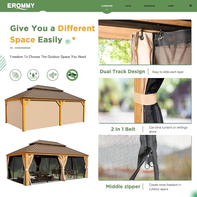EROMMY 12'x22' Gazebo, Wooden Finish Coated Aluminum Frame Pergola - Image 7