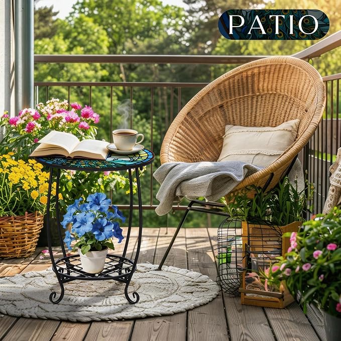Outdoor Side Table Round Small Mosaic Patio Accent Indoor End Plant Coffee Tea - Image 2