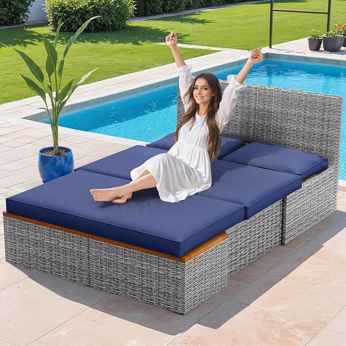 Devoko Patio Day Bed Outdoor Daybed Set Multifunctional Rattan Lounge Bed - Image 3