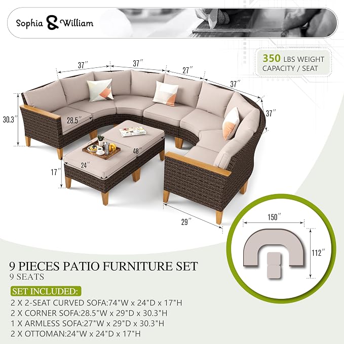 Sophia & William Half-Moon Outdoor Patio Furniture Set 9 Piece Large & High - Image 8