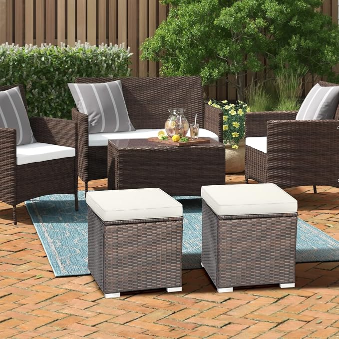 RELAX4LIFE Wicker Outdoor Storage Ottoman, 2-Piece Rattan Footstool w/Removable - Image 8